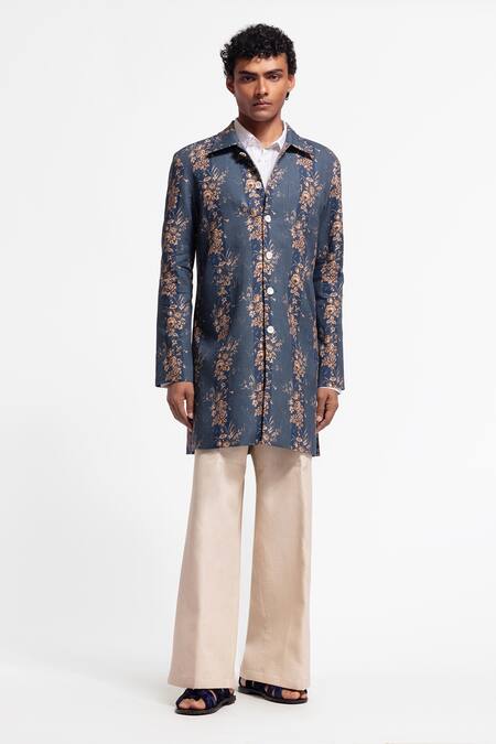 Balance By Rohit Bal Blue Linen Embroidery Floral Printed Designer Jacket Online at Aza Fashions Balance By Rohit Bal_Blue Linen Embroidery Floral Printed Designer Jacket _Online_at_Aza_Fashions
