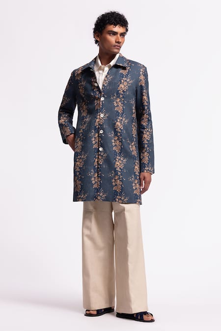 Shop Balance By Rohit Bal Blue Linen Embroidery Floral Printed Designer Jacket at Aza Fashions Shop_Balance By Rohit Bal_Blue Linen Embroidery Floral Printed Designer Jacket _at_Aza_Fashions