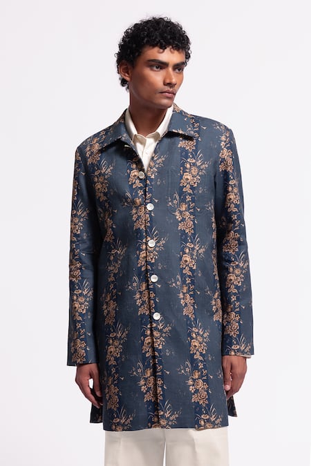 Balance By Rohit Bal Blue Linen Embroidery Floral Printed Designer Jacket 