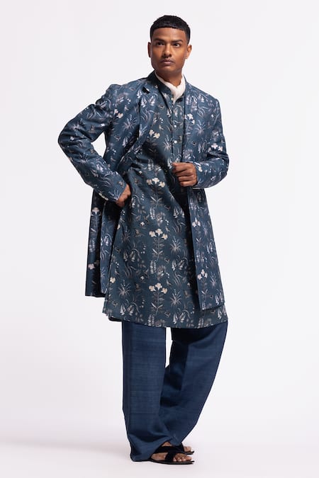 Balance By Rohit Bal Blue Linen Floral Print Jacket Online at Aza Fashions Balance By Rohit Bal_Blue Linen Floral Print Jacket _Online_at_Aza_Fashions