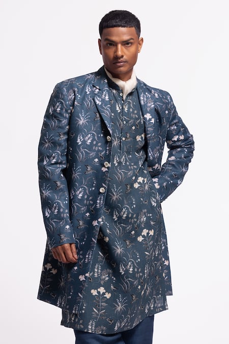Balance By Rohit Bal Blue Linen Floral Print Jacket 