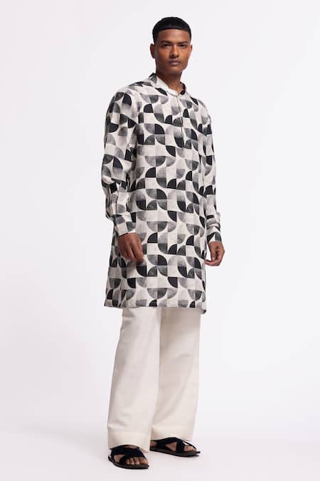 Balance By Rohit Bal Ivory Linen Geometric Print Kurta 