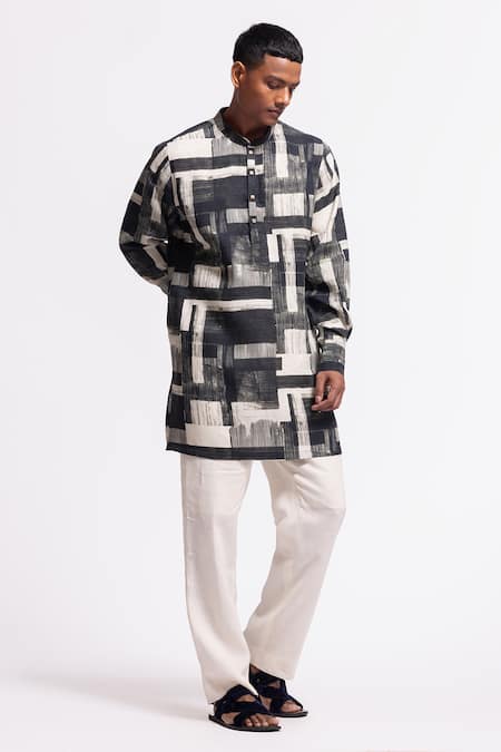 Balance By Rohit Bal Ivory Linen Designer Abstract Print Kurta 