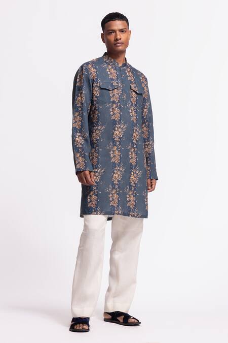 Balance By Rohit Bal_Blue Linen Designer Floral Print Kurta _Online_at_Aza_Fashions
