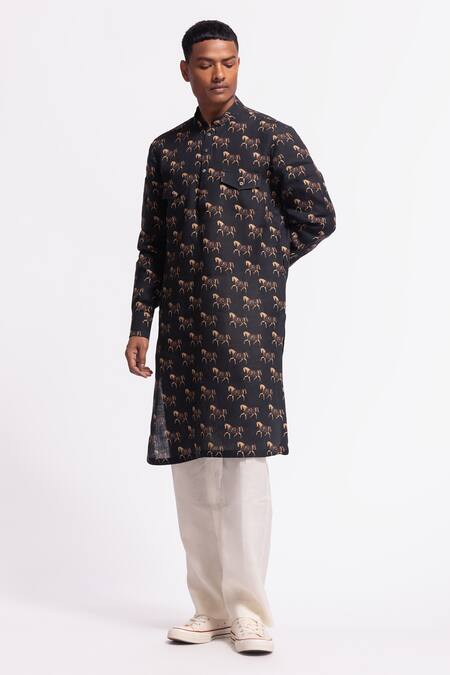 Balance By Rohit Bal Black Linen Designer Printed Kurta Online at Aza Fashions Balance By Rohit Bal_Black Linen Designer Printed Kurta _Online_at_Aza_Fashions