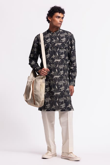 Balance By Rohit Bal Black Linen Printed Kurta 