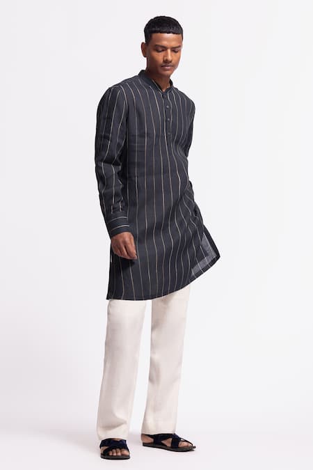 Balance By Rohit Bal Black Linen Striped Kurta