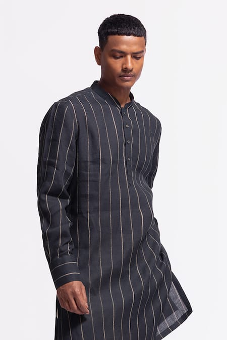 Balance By Rohit Bal Black Linen Striped Kurta Online at Aza Fashions Balance By Rohit Bal_Black Linen Striped Kurta _Online_at_Aza_Fashions