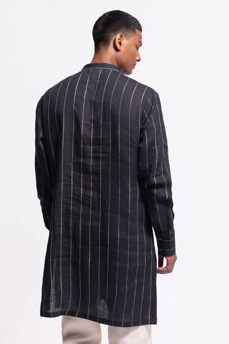 Shop Balance By Rohit Bal Black Linen Striped Kurta at Aza Fashions Shop_Balance By Rohit Bal_Black Linen Striped Kurta _at_Aza_Fashions