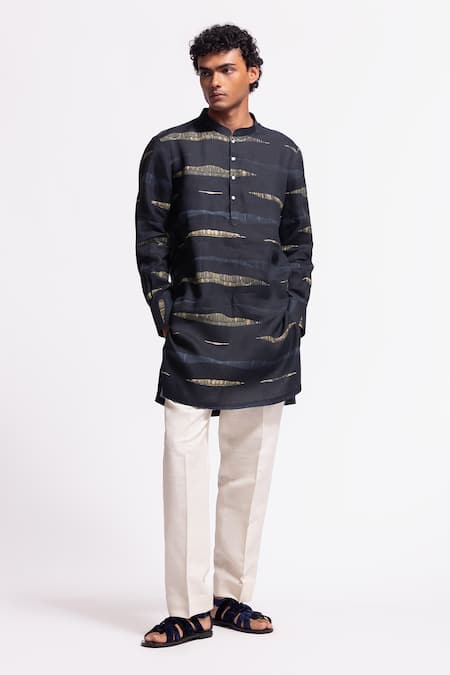 Balance By Rohit Bal_Blue Linen Indigo Designer Kurta _Online_at_Aza_Fashions