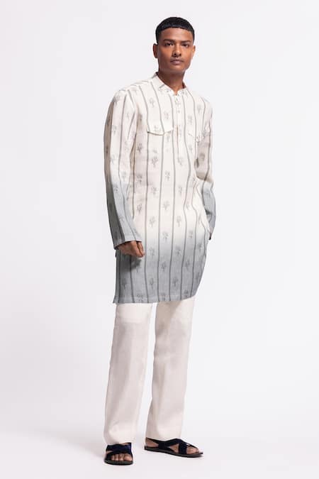 Balance By Rohit Bal_Ivory Linen Embroidery Ombre Designer Kurta _Online_at_Aza_Fashions