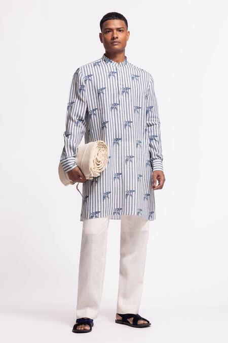 Balance By Rohit Bal_Ivory Linen And Blue Striped Designer Kurta _Online_at_Aza_Fashions