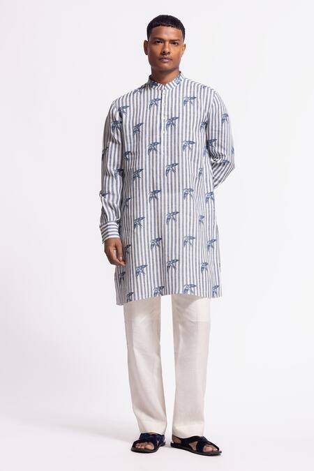 Buy_Balance By Rohit Bal_Ivory Linen And Blue Striped Designer Kurta _Online_at_Aza_Fashions