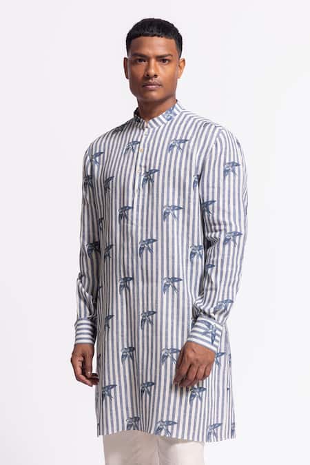 Balance By Rohit Bal Ivory Linen And Blue Striped Designer Kurta
