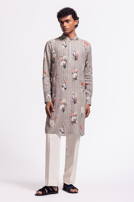 Balance By Rohit Bal_Gray Linen Floral Striped Designer Kurta _Online_at_Aza_Fashions
