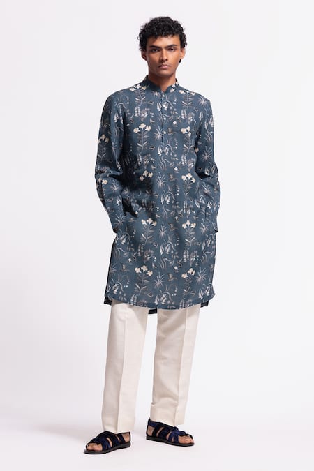 Shop Balance By Rohit Bal Blue Linen Designer Floral Print Kurta at Aza Fashions Shop_Balance By Rohit Bal_Blue Linen Designer Floral Print Kurta _at_Aza_Fashions