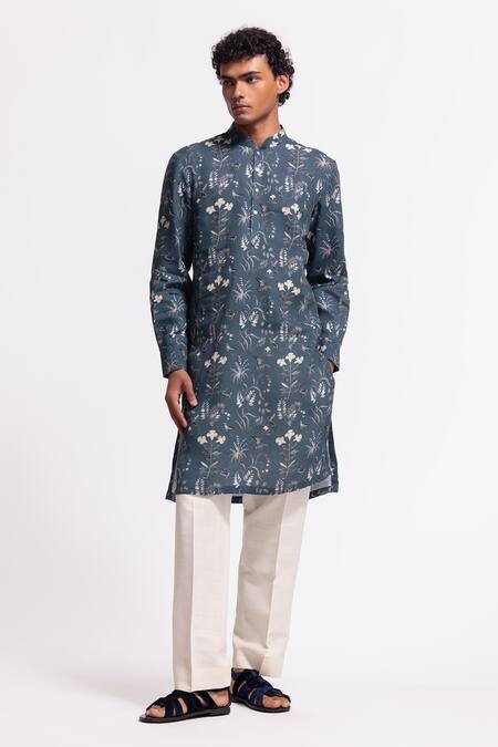 Balance By Rohit Bal Blue Linen Designer Floral Print Kurta Online at Aza Fashions Balance By Rohit Bal_Blue Linen Designer Floral Print Kurta _Online_at_Aza_Fashions