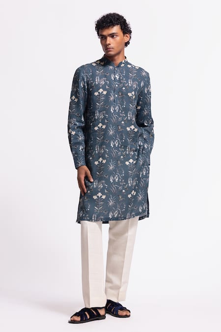 Buy Balance By Rohit Bal Blue Linen Designer Floral Print Kurta Online at Aza Fashions Buy_Balance By Rohit Bal_Blue Linen Designer Floral Print Kurta _Online_at_Aza_Fashions