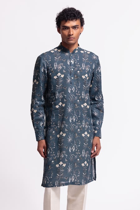 Balance By Rohit Bal Blue Linen Designer Floral Print Kurta 
