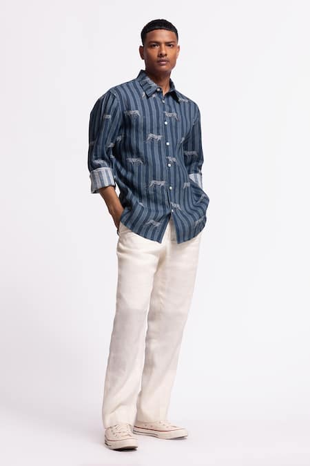 Balance By Rohit Bal Blue Linen Embroidery Designer Shirt Online at Aza Fashions Balance By Rohit Bal_Blue Linen Embroidery Designer Shirt _Online_at_Aza_Fashions