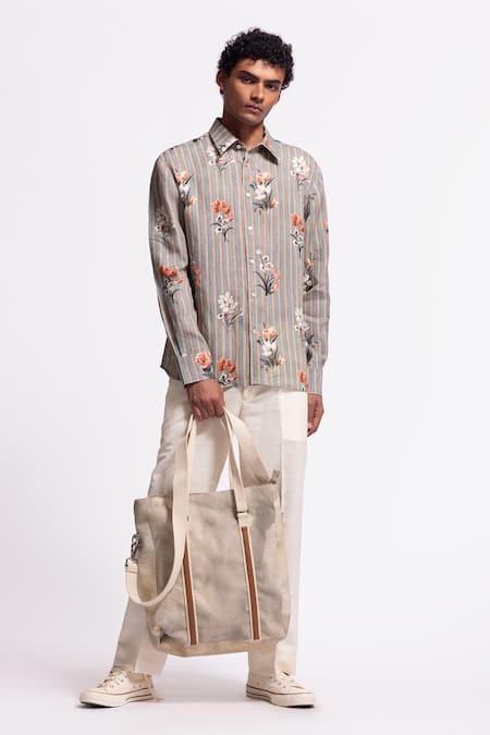 Balance By Rohit Bal Gray Linen Embroidery Floral Print Designer Shirt Online at Aza Fashions Balance By Rohit Bal_Gray Linen Embroidery Floral Print Designer Shirt _Online_at_Aza_Fashions