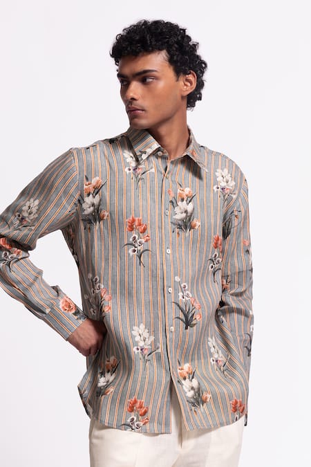 Balance By Rohit Bal Gray Linen Embroidery Floral Print Designer Shirt