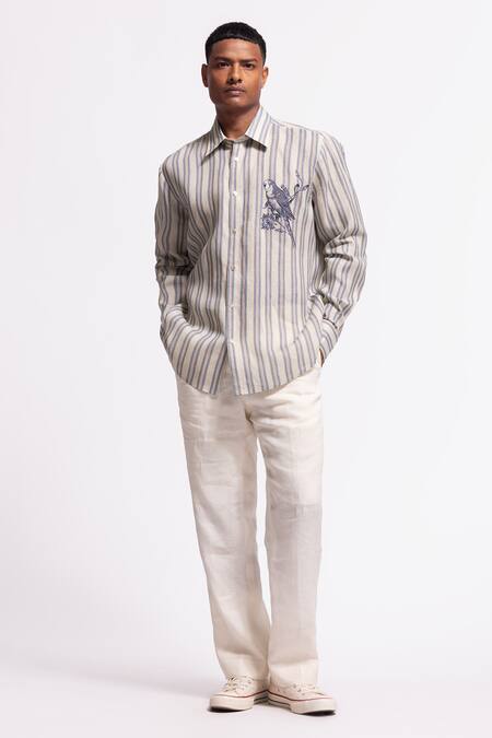 Balance By Rohit Bal_Ivory Linen Embroidery Striped Designer Shirt _Online_at_Aza_Fashions