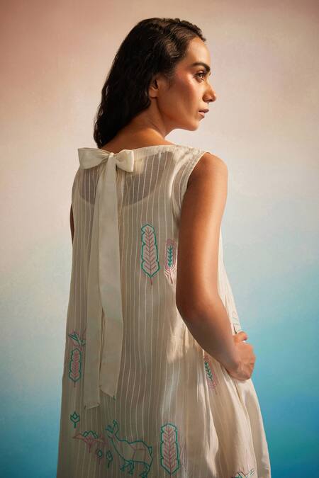 Ahmev_Ivory Chanderi Cotton Embroidery Round Neck Hiroko Pleated Dress _Online_at_Aza_Fashions