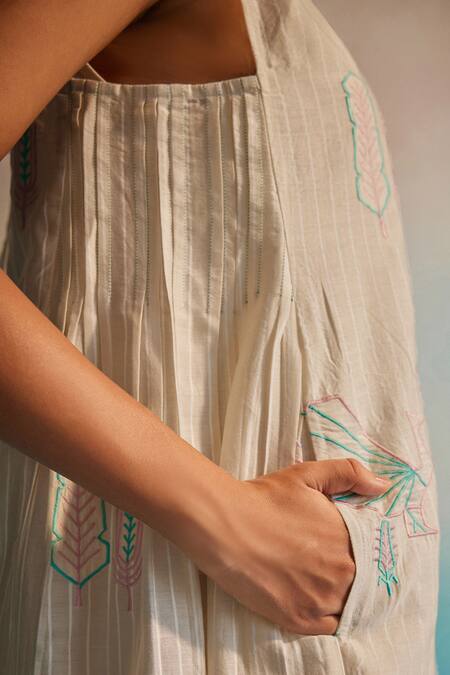 Buy_Ahmev_Ivory Chanderi Cotton Embroidery Round Neck Hiroko Pleated Dress _Online_at_Aza_Fashions