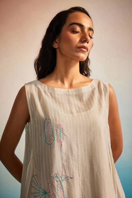 Shop_Ahmev_Ivory Chanderi Cotton Embroidery Round Neck Hiroko Pleated Dress _Online_at_Aza_Fashions