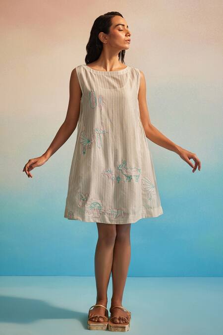 Ahmev_Ivory Chanderi Cotton Embroidery Round Neck Hiroko Pleated Dress _at_Aza_Fashions