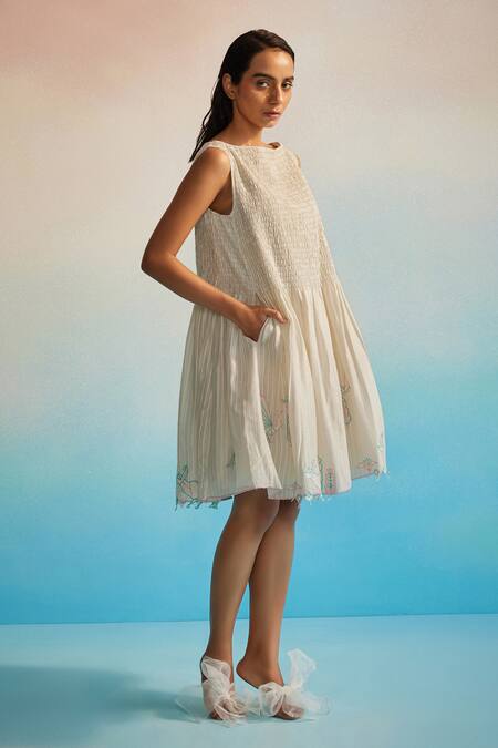 Shop_Ahmev_Ivory Chanderi Cotton Embroidery Round Neck Miyabi Ruching Dress _Online_at_Aza_Fashions