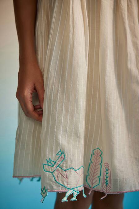 Ahmev_Ivory Chanderi Cotton Embroidery Round Neck Miyabi Ruching Dress _at_Aza_Fashions