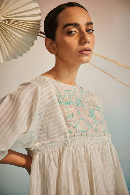 Buy Ahmev Ivory Chanderi Cotton Embroidery Round Neck Hakanai Square Sleeve Top Online at Aza Fashions Buy_Ahmev_Ivory Chanderi Cotton Embroidery Round Neck Hakanai Square Sleeve Top _Online_at_Aza_Fashions