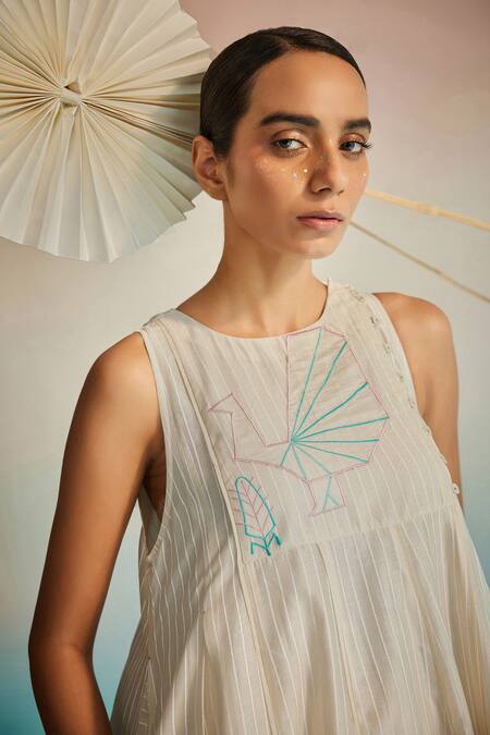 Buy_Ahmev_Ivory Chanderi, Cotton Embroidery Halter Neck Utsuroi Dress _Online_at_Aza_Fashions