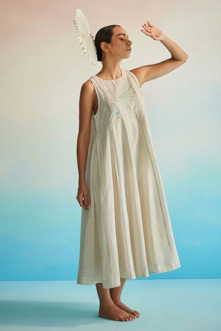 Shop_Ahmev_Ivory Chanderi, Cotton Embroidery Halter Neck Utsuroi Dress _Online_at_Aza_Fashions