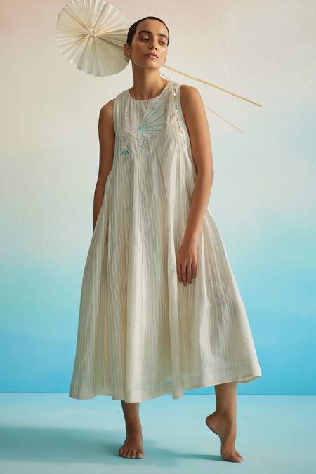 Ahmev_Ivory Chanderi, Cotton Embroidery Halter Neck Utsuroi Dress _at_Aza_Fashions