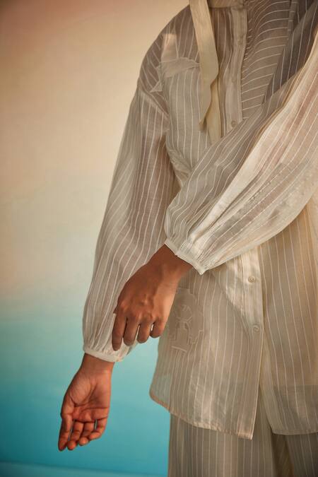 Ahmev_Ivory , , Embroidery Mandarin Collar Shirt _Online_at_Aza_Fashions