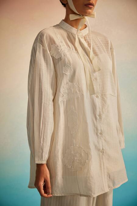 Shop_Ahmev_Ivory , , Embroidery Mandarin Collar Shirt _Online_at_Aza_Fashions
