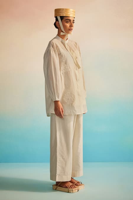 Ahmev Ivory , , Embroidery Mandarin Collar Shirt 