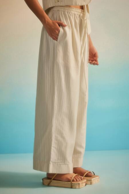 Ahmev_Ivory Chanderi Cotton Hama Akari Stripe Pant _Online_at_Aza_Fashions