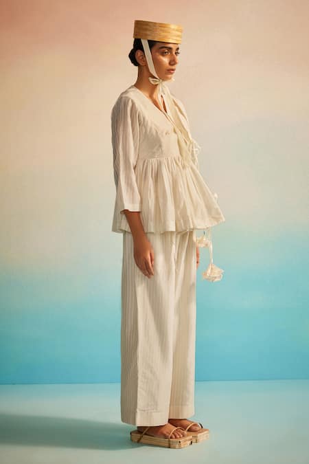 Ahmev_Ivory Chanderi Cotton Embroidery V-neck Angarkha Top _Online_at_Aza_Fashions