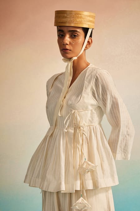 Ahmev Ivory Chanderi Cotton Embroidery V-neck Angarkha Top