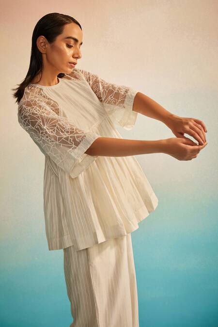 Ahmev_Ivory Chanderi, Organza, Cotton Embroidery Round Neck Ami Jaal Raglan Top _Online_at_Aza_Fashions