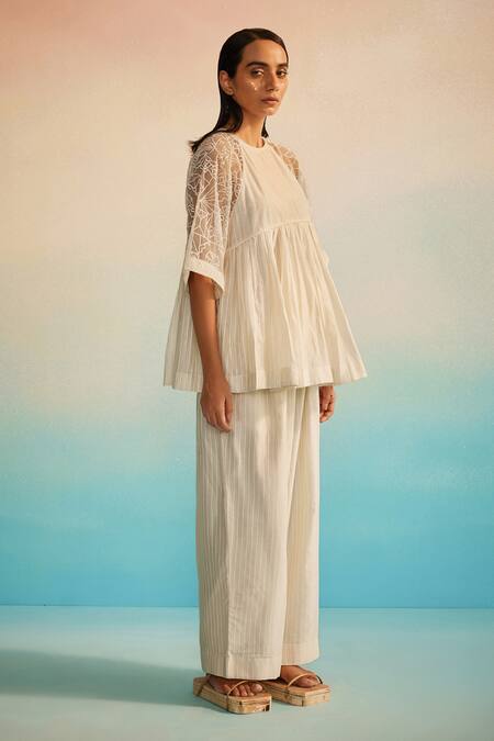 Buy_Ahmev_Ivory Chanderi, Organza, Cotton Embroidery Round Neck Ami Jaal Raglan Top _Online_at_Aza_Fashions