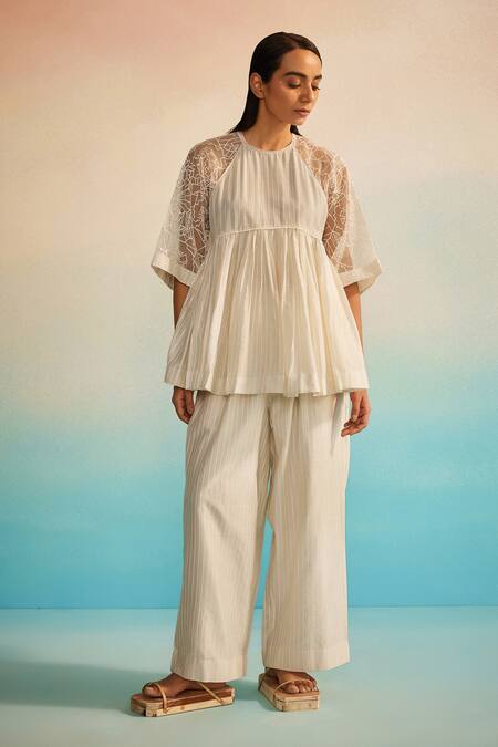 Shop_Ahmev_Ivory Chanderi, Organza, Cotton Embroidery Round Neck Ami Jaal Raglan Top _Online_at_Aza_Fashions