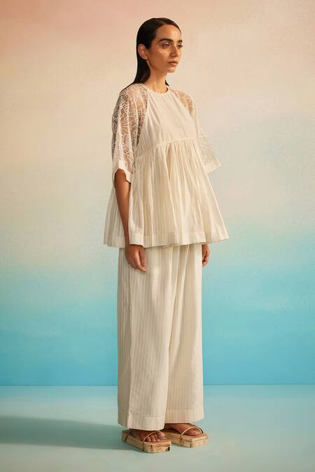 Ahmev_Ivory Chanderi, Organza, Cotton Embroidery Round Neck Ami Jaal Raglan Top _at_Aza_Fashions