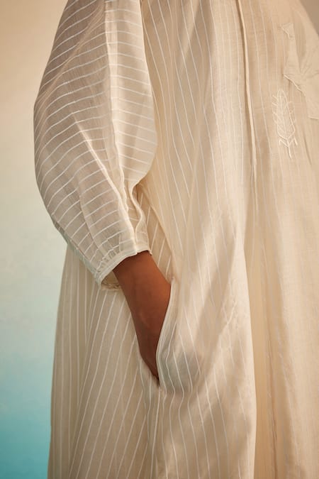 Shop_Ahmev_Ivory Chanderi Cotton Embroidery Round Neck Iki Dolman Kurta _Online_at_Aza_Fashions