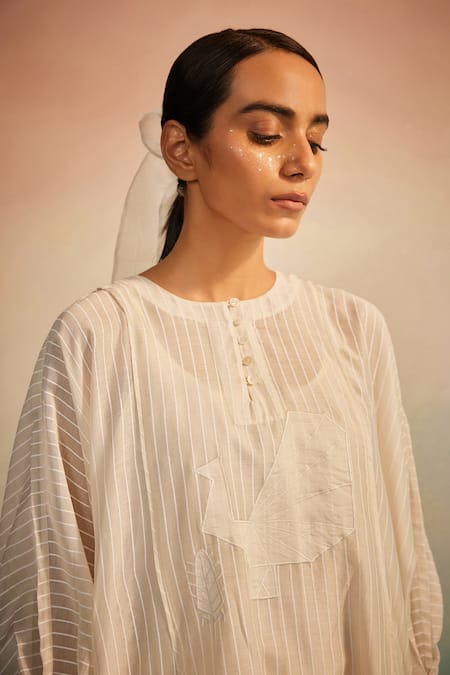 Ahmev_Ivory Chanderi Cotton Embroidery Round Neck Iki Dolman Kurta _at_Aza_Fashions