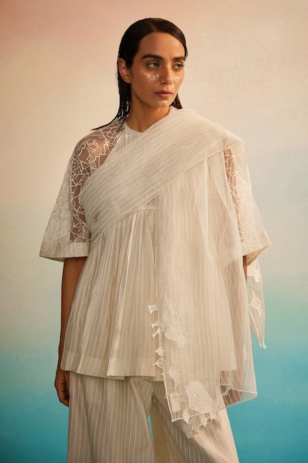 Ahmev Ivory Organza, Chanderi Embroidery Kessho Appliqué Dupatta 
